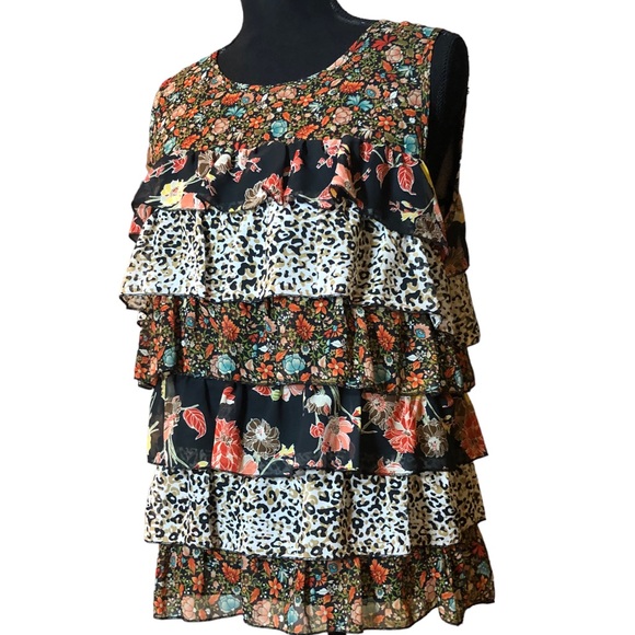 Tiered Mixed Print Ruffled Chiffon Sleeveless Top LUXE by NYC Design Co M - Picture 2 of 11